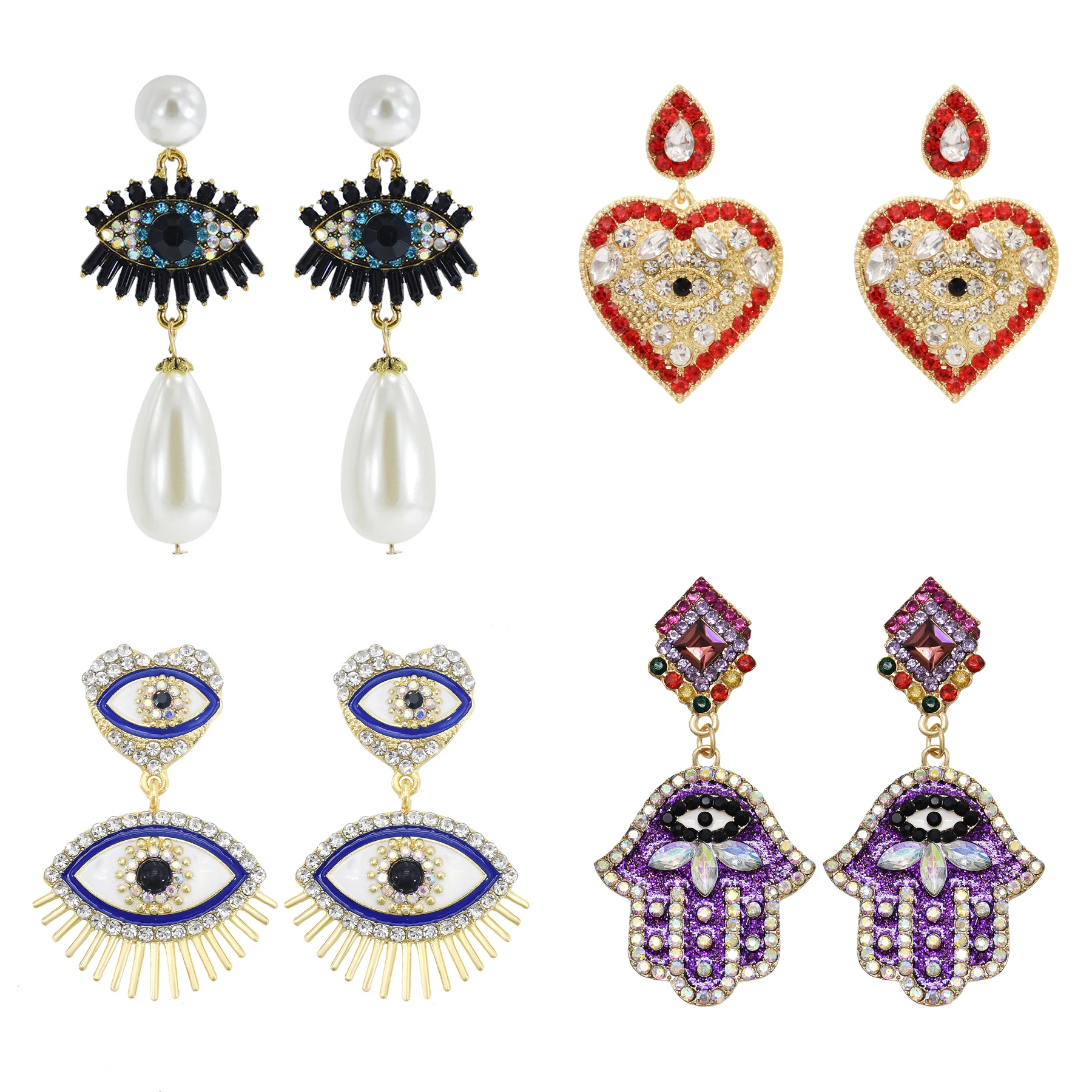 Crystal Rhinestone Pearl Devil's Eye Pendant Earrings New Trending Turkey Eye Heart Long Earrings Women's Jewelry Accessories