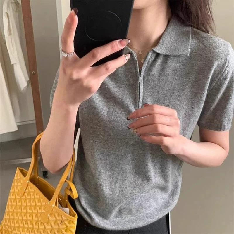 

Fashion Casual Half Zipper Lapel Knitted Short-Sleeved T-Shirt For Women In Summer