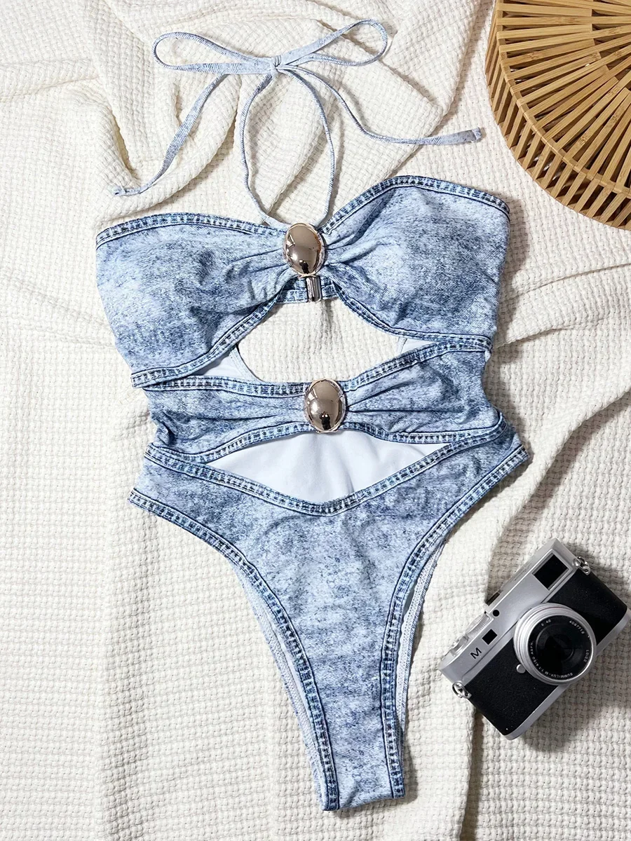 Denim Gedruckt Halter Cut Out One Piece Badeanzug Frauen Bademode Weibliche High Cut Monokini Badende Schlank Badeanzug Schwimmen Body