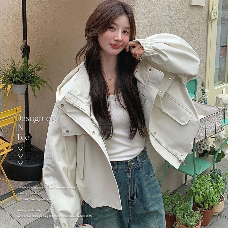 Fashion Tooling Hooded Jackets Women Autumn 2026 New Casual Loose Zip-Up Short Coat Lady Simple All-Match Stand Collar Outerwear