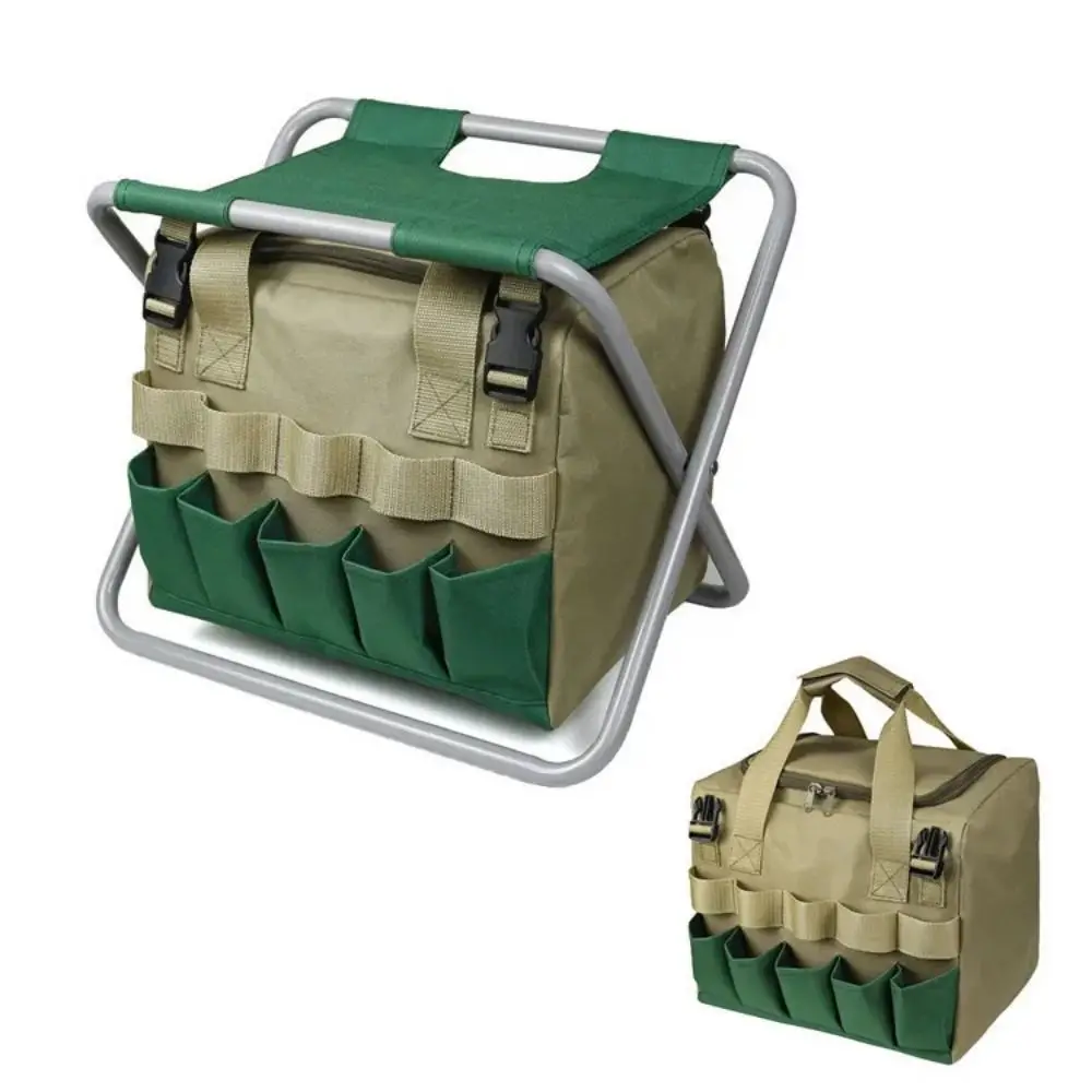 

2 in 1 Foldable Garden Stool Green Canvas Portable Folding Chair Large Capacity Multi-Pocket Garden Tools Storage Bag