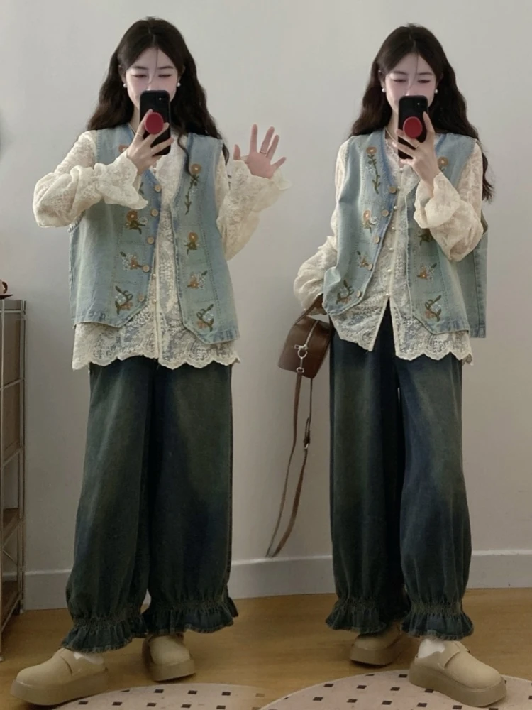

plus Size Slimming Lace Top And Casual Pants Set Women's Fashionable Spring Autumn Two Piece Set Conceal Meat Shirt Vest