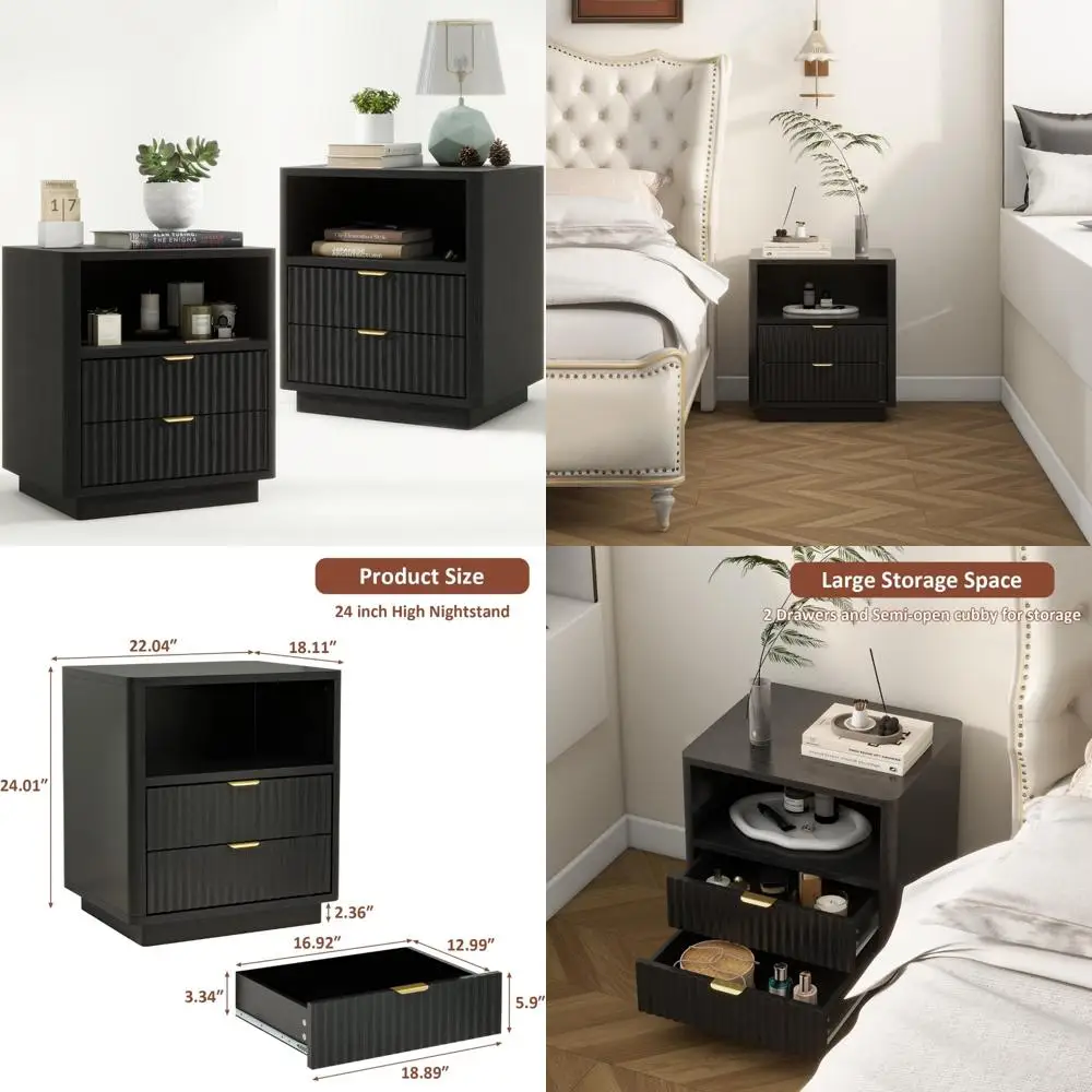 Pair of Modern Fluted Nightstands in Black with 2 Drawers and Open Shelves, Wooden Bedside Tables for Contemporary Living