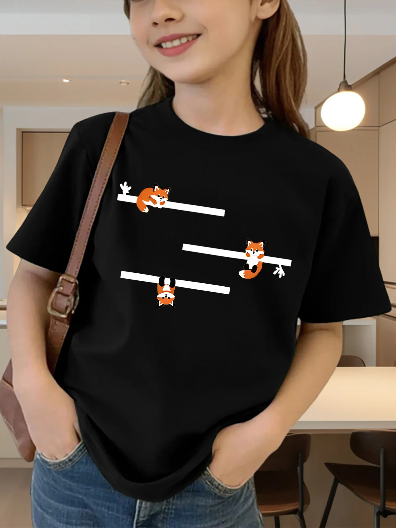 Cute Playful Cartoon Foxes Print Graphic Kids Tee Boys Girls Family Matching Cotton Crew Neck Short Sleeve Soft Summer Tee