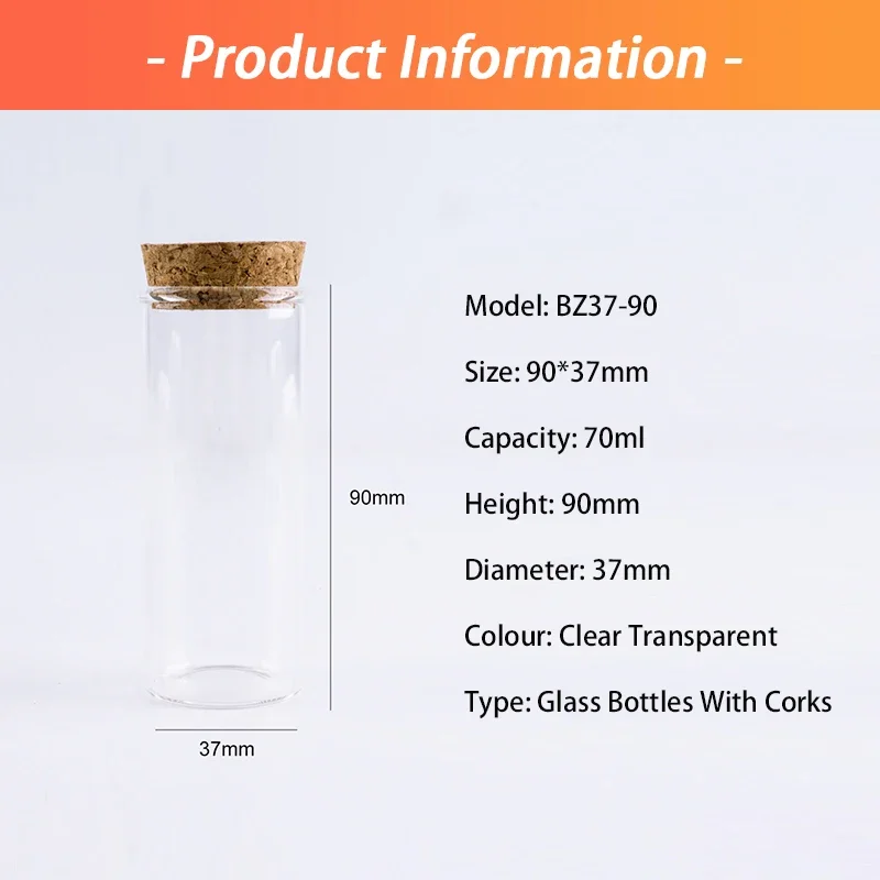 12 Pcs/lot Glass Bottle 90*37mm 70ml Small Stopper Test Tube Storage Spice Bottle Containers Glass jars Vials Cork Bottle