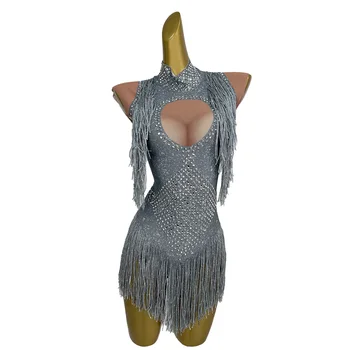 Sexy palco bling realizar bodysuit luxo strass borlas collant festa dançarino cantor traje clube fangkuai