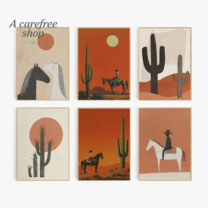 Minimalist Cactus Desert Cowboy Western Horse Wild Tender Poster Print Wall Art Pictures Canvas Painting Room Home Decor Gift