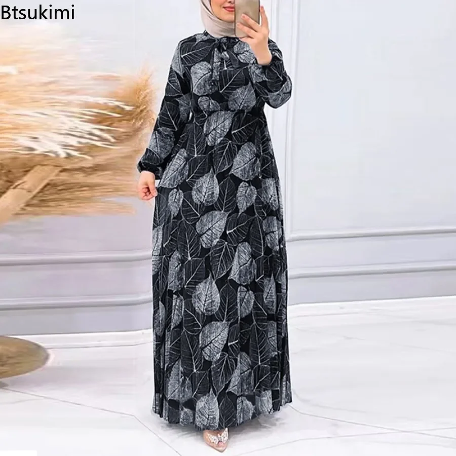 Muslim Fashion Abaya Loose Robe Women Caftan Islamic Clothing Retro Leaf Pattern Print Pleated Long Skirts Femme Casual Vestidos