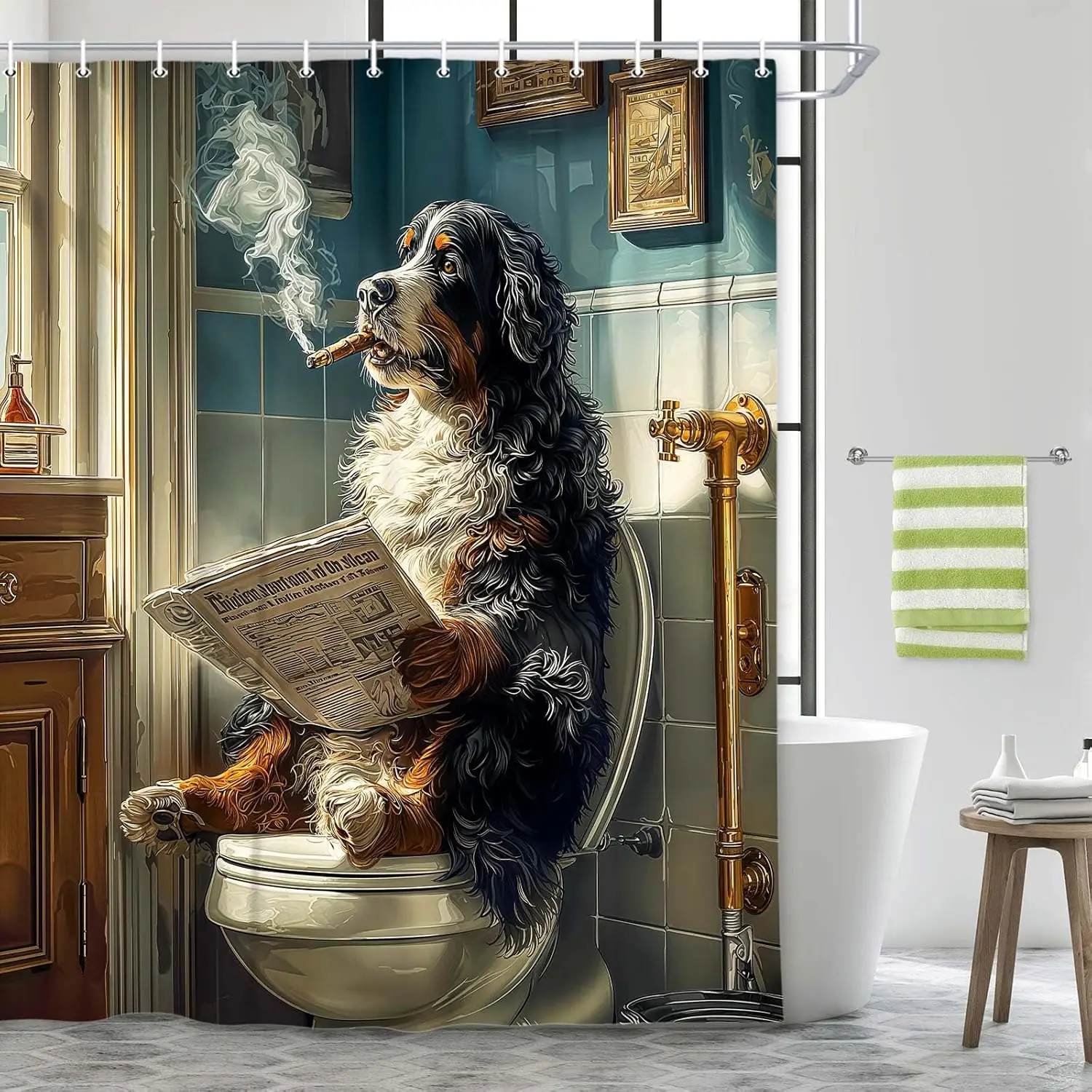 

Funny Dog Smoking Pipe Novelty Shower Curtain Vintage Illustration Pet Bathroom Decor Waterproof Liner Sheet