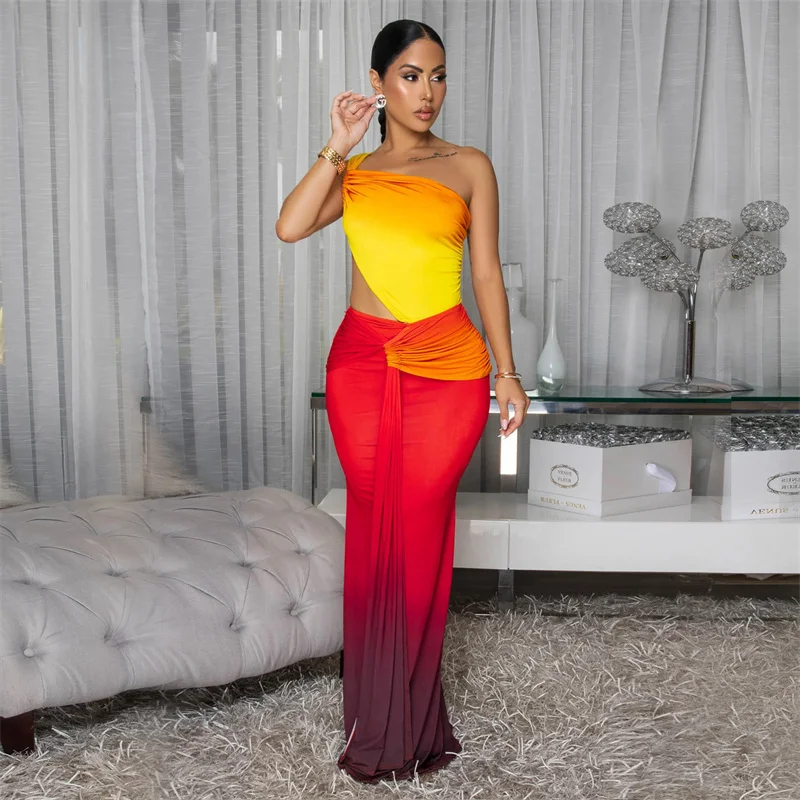 Doyerl Gradient Print Ruched Bodycon Maxi Dress Women Evening Elegant Night Club Party Sleeveless Draped Prom Dresses Vestidos