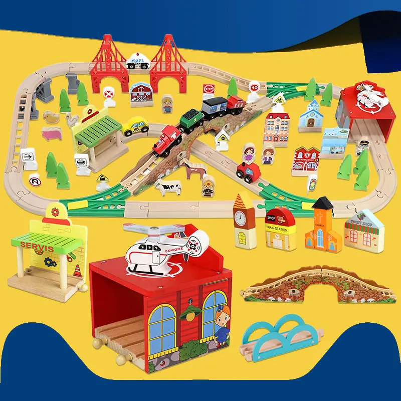 

Wooden Train Track Accessories Bridge Crane Tunnel Helicopter Apron Chicken House Cave Fit for All Brand Wooden Train Rail Toys