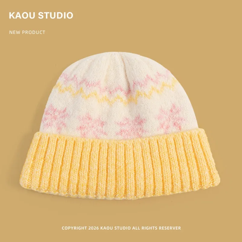 Japanische Jacquard-Strickmütze im Fair-Isle-Stil mit Farbblock-Design für Damen, Winter, verdickt, warm, mit Ohrenschutz, Ski-Beanie-Mütze – Detail 6
