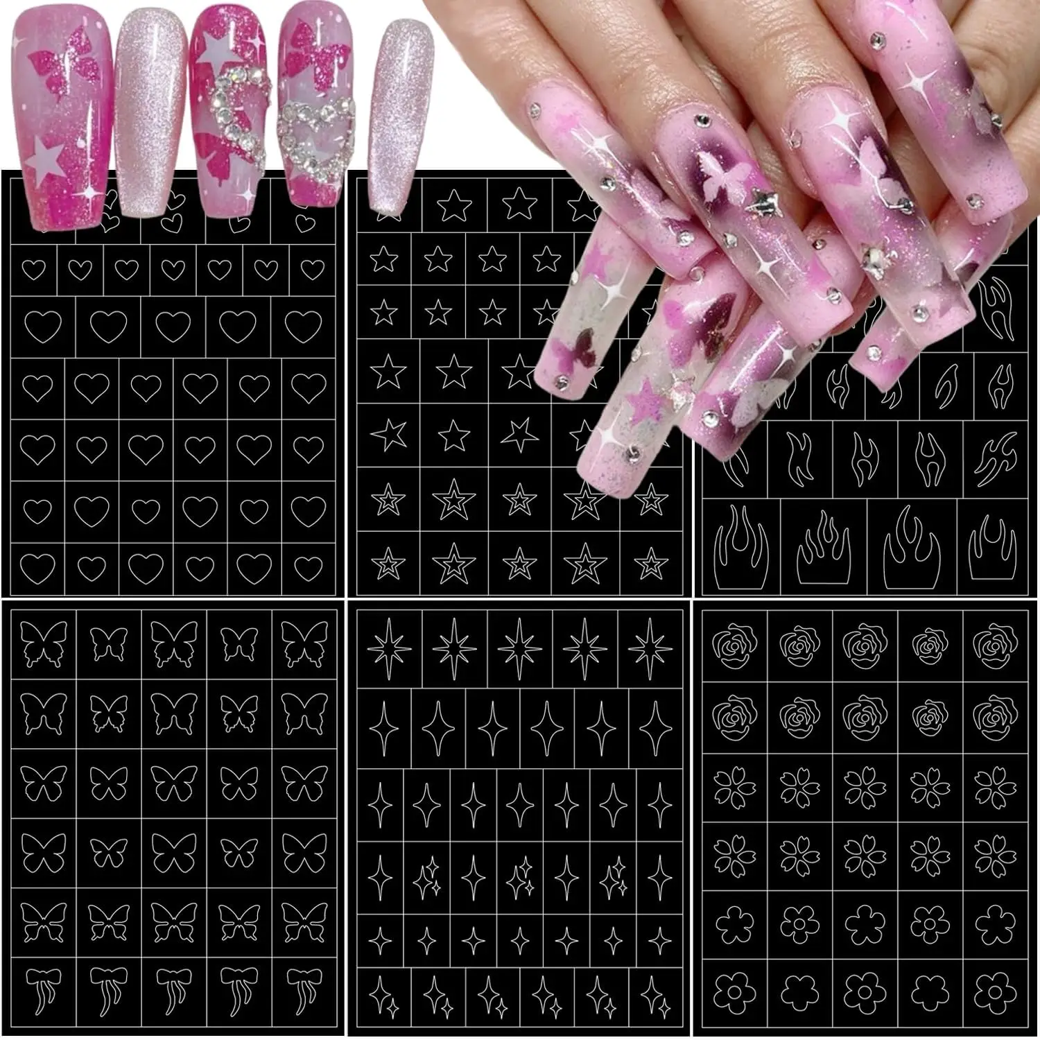 

6pcs Airbrush Stencils Nail Stickers for Nail Art French Design Hollow Decals Flame Heart Star Flowers Butterfly Self-Adhesive