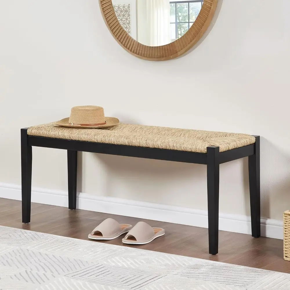 

Solid Wood Seagrass Bench with Natural Woven Seat, Boho Style Entryway, Black Legs, Suitable for Dining, Living Room, Porch, Law