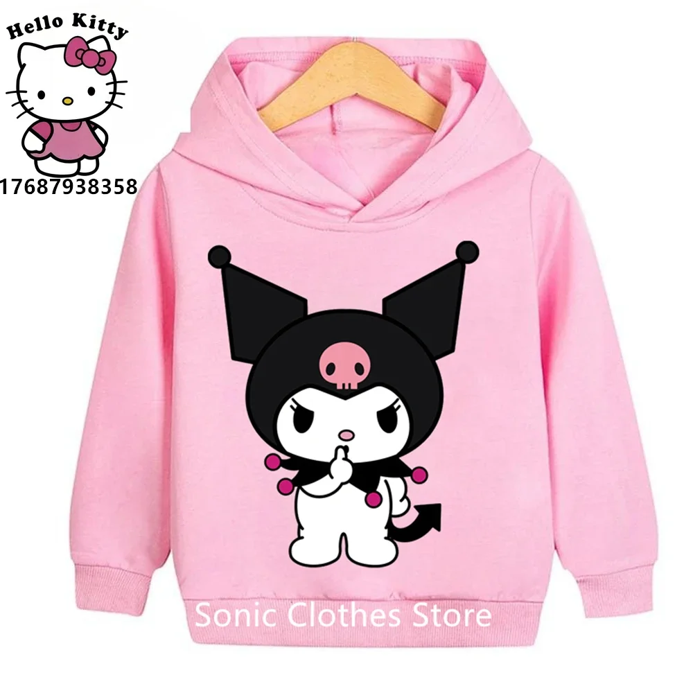 Kids Girls Kuromi Anime Hoodies  Long Sleeve Sweatshirts Children Spring Autumn 3-14 Years Old Cartoon Casual Hooded Tops