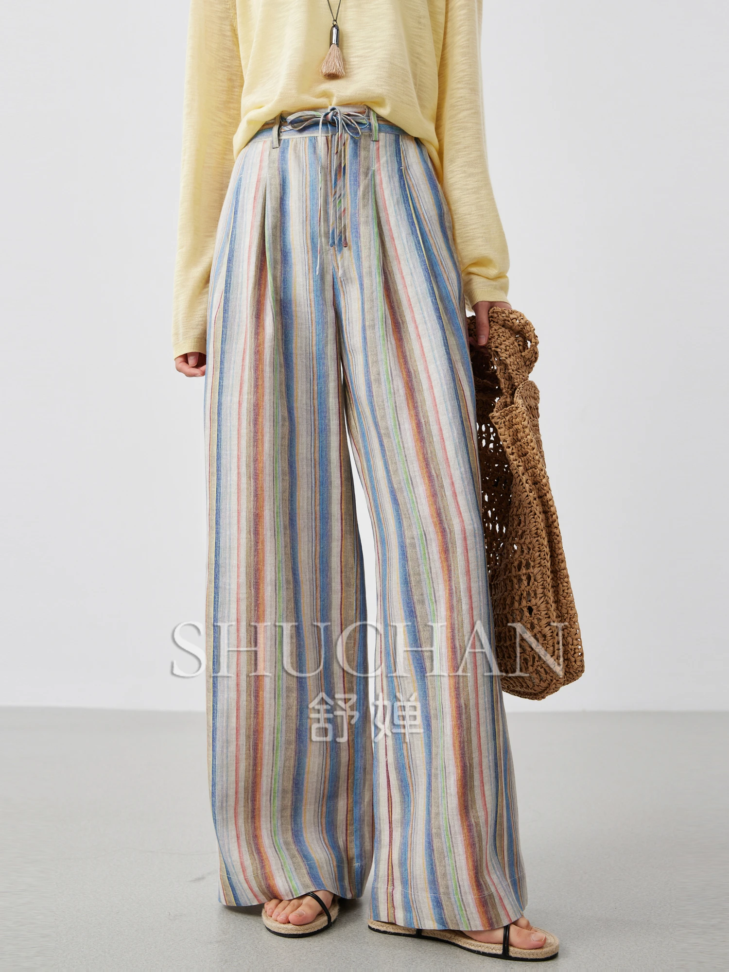 

summer Good Quality "Linen Rainbow Pants" Tie-dye Striped Double-Lace Back Elastic Wide-Leg Casual Pants 25 Summer