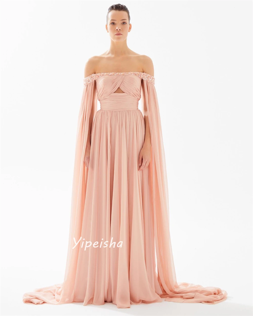 Yipeisha Matching Exquisite Off-the-shoulder A-line Beading Paillette / Sequins Draped Chiffon Prom Dresses