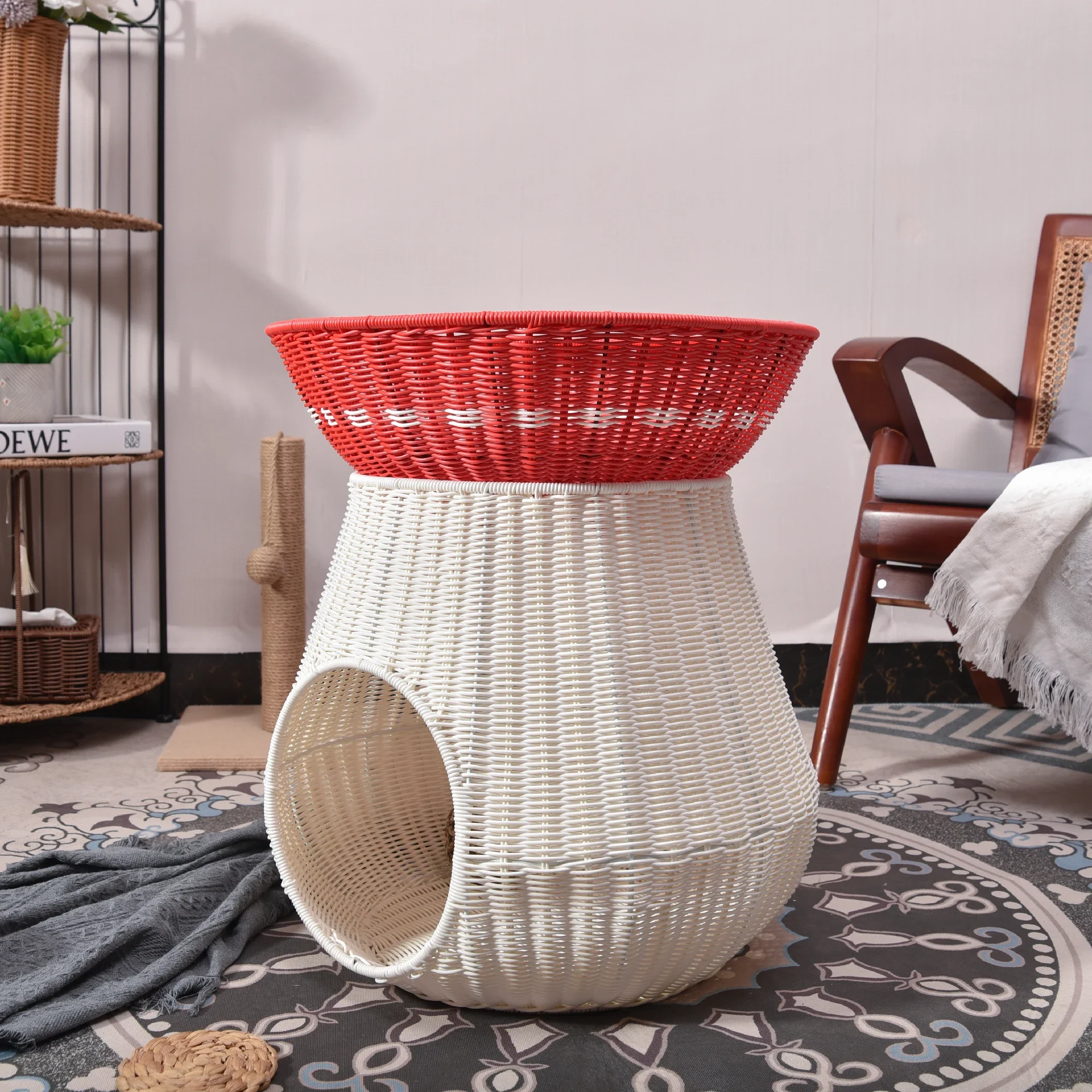 Plastic Rattan Resin Wicker Woven Mushrooms Cat Dog Bed Kennel House With Mattress Small Pet Animals Bed Nest Mini House Pet