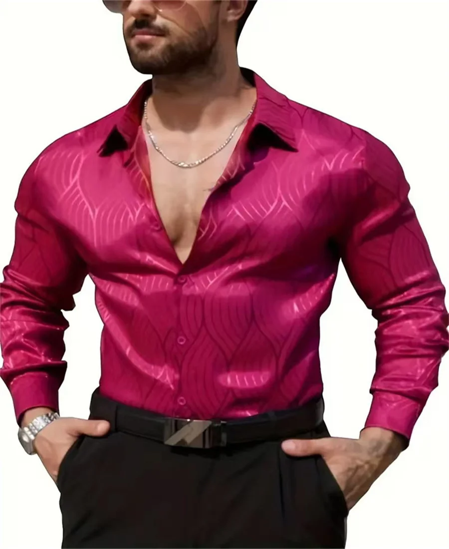 Men's button-down casual shirt in blue, black, and burgundy with long sleeves and lapels for spring and fall weddings and partie