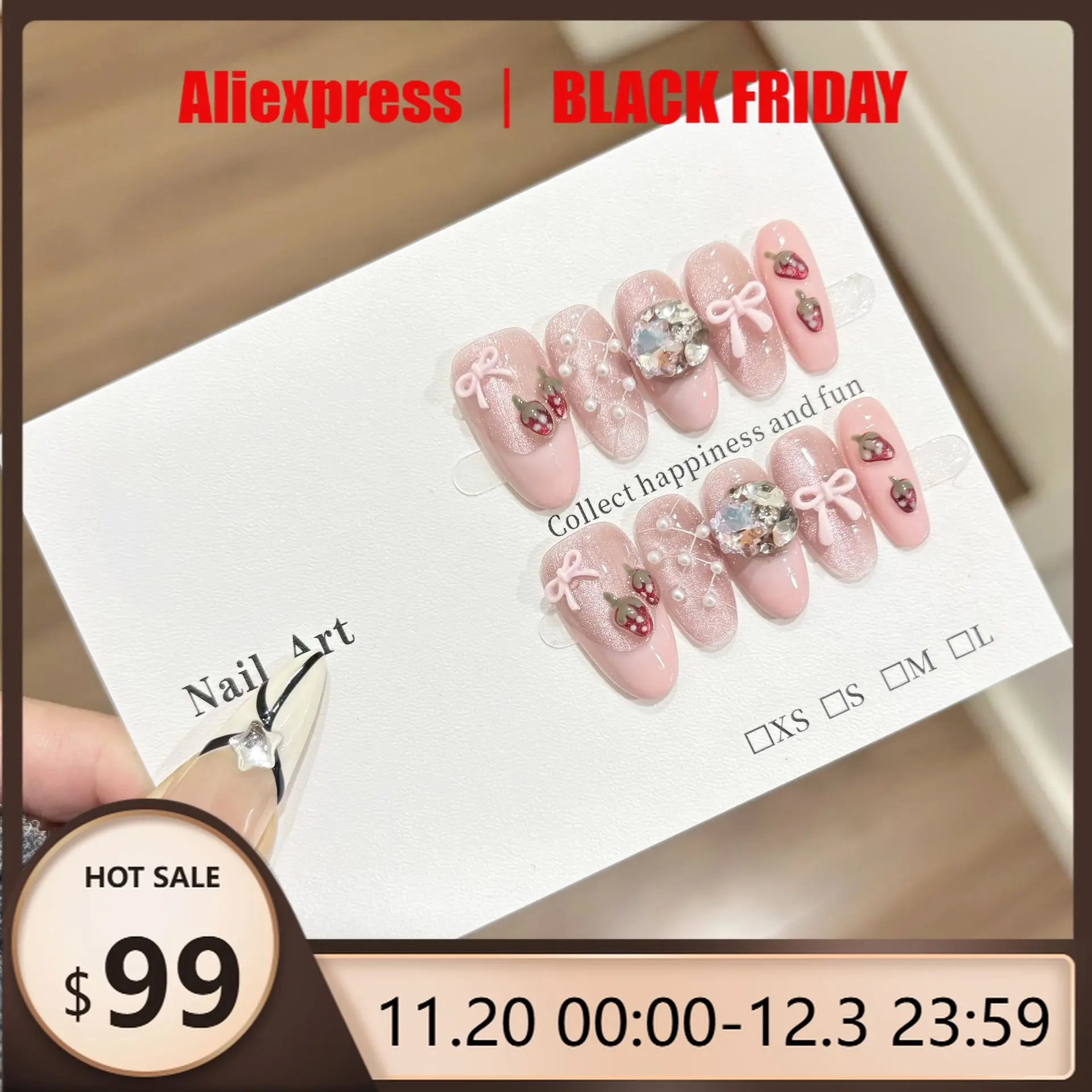 

10 шт., накладные ногти ручной работы с клубничным розовым бантом и жемчугом, накладные ногти «кошачий глаз» для женщин и девочек, съемные носимые ногти