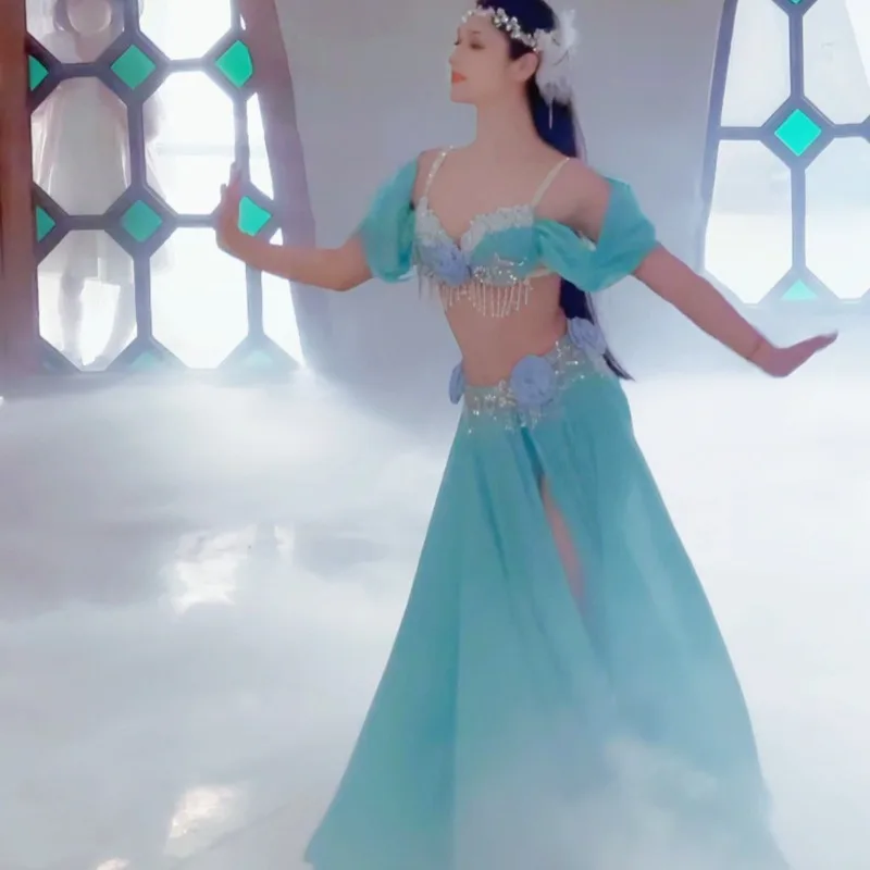 Conjunto de trajes de dança do ventre personalizados, vestido de performance, saia de classe, sexy, temperamento, roupa de prática, sutiã azul de dança do ventre