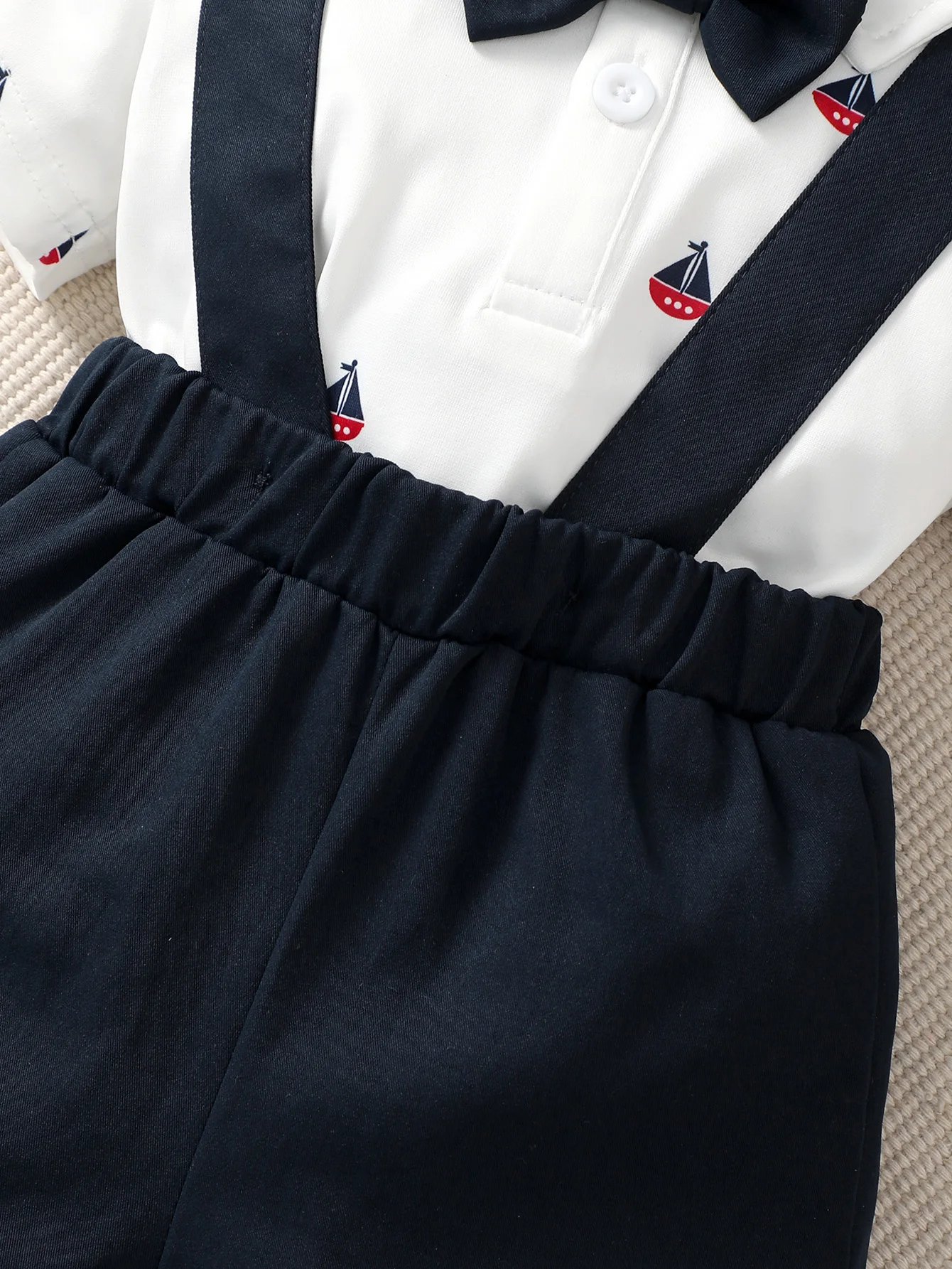 Baby Boy Party Formal Summer White Short-Sleeved Polo Tie Bow Tie Triangle Dress Black Suspenders Fashion Cute Two-Piece Suit