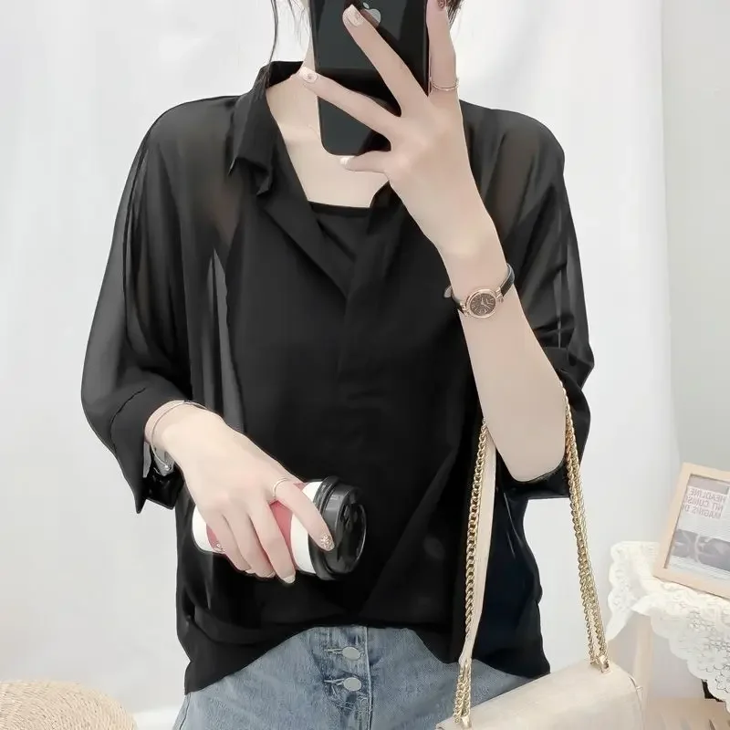 여성 패션 쉬폰 칼라 셔츠 여름 새로운 반팔 탑 선 스크린 의류 얇은 두 조각 세트 하프 오픈 넥 블라우스