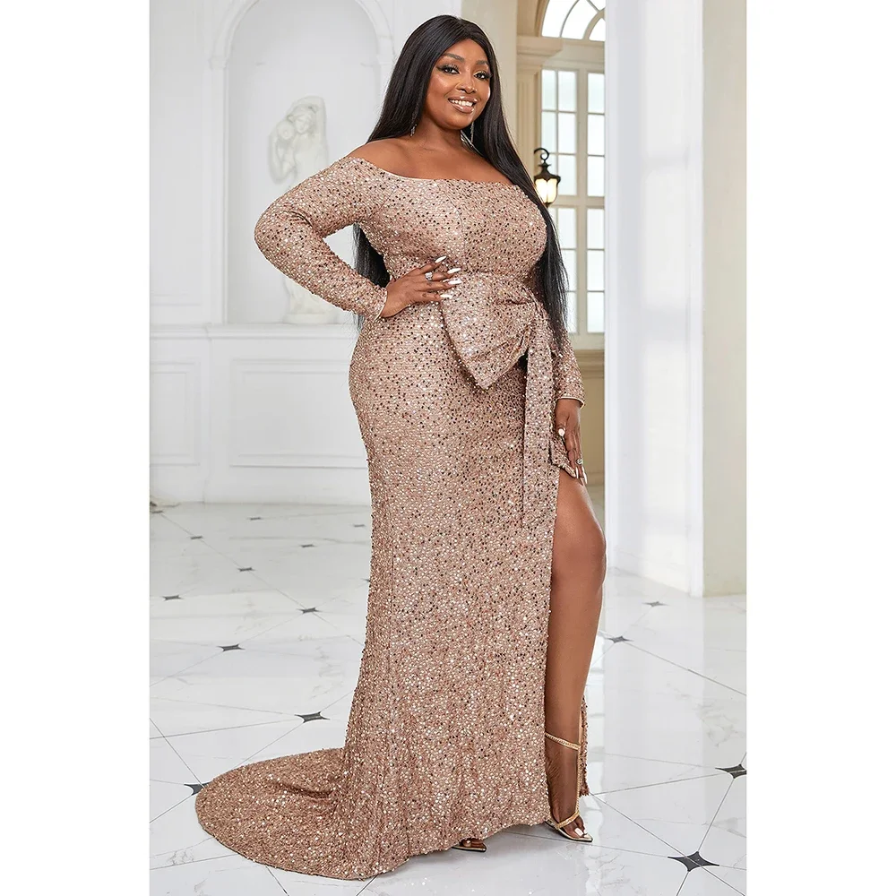 Plus Size Apricot Prom Sequin Off The Shoulder Party Dress Long Sleeve Bow High Split Maxi Dresses