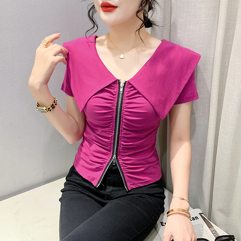 2023 New Summer European Clothes T-Shirt Women Chic Sexy V-Neck Sailor Collar Double Zippers Stripe Tops Short Sleeve Tees 35145