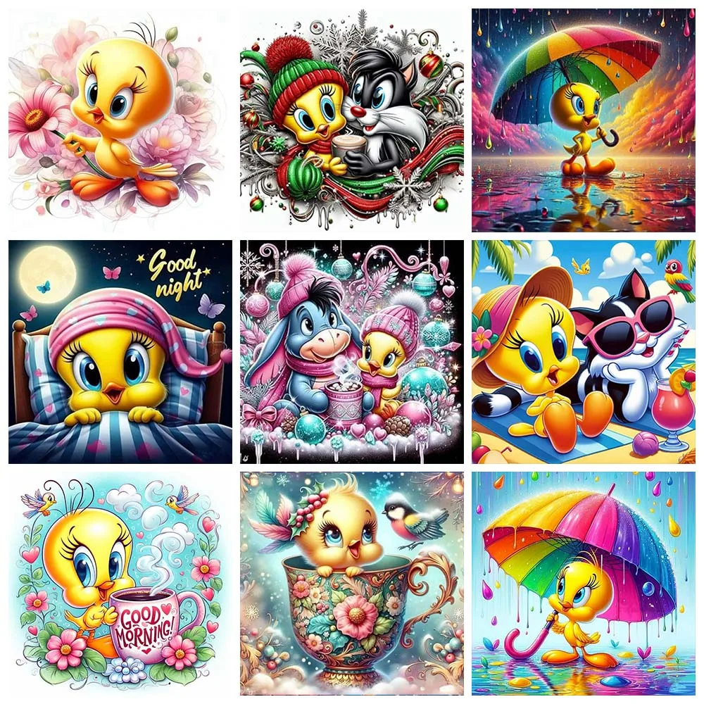 Cute Tweety Bird Under Colorful Umbrella 5d Diamond Painting Art Looney Tunes Cartoon Cross Stitch Diy Mosaic Home Decor Gift