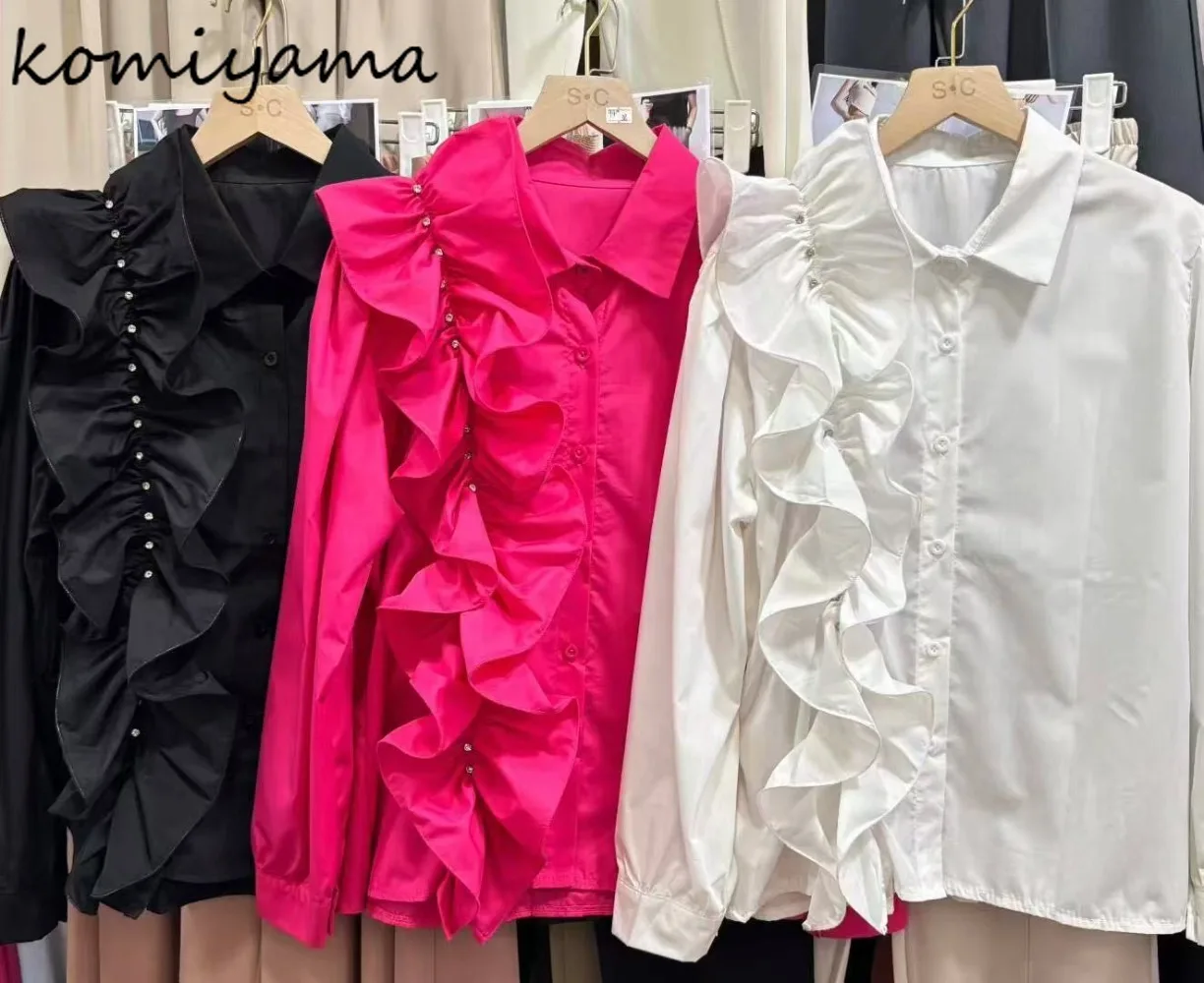 

Irregular Ruffles Woman 2025 Shirts & Blouses Patchwork Diamonds Blusas Mujer Lapel Long Sleeve Ropa Autumn Clothing Camisas