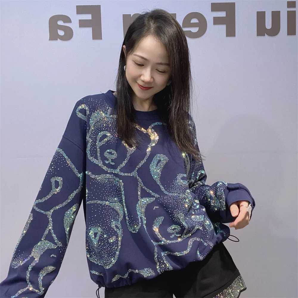 Women's Rhinestone Short o-Neck Sweatshirt Autumn Winter New Fashion Versatile Loose Casual Long Sleeved Pullover Top hoodies