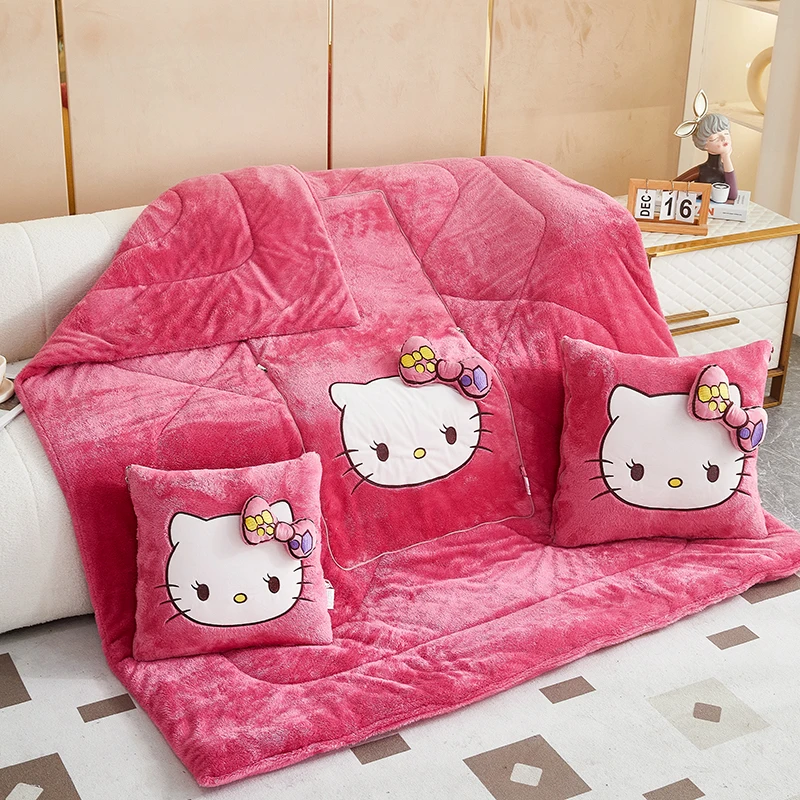 Pelúcia HelloKitty Lance Travesseiro Cobertores, 2 em 1, Flanela Kawaii, Espessamento Sesta Cobertor, Sala e Decoração Do Quarto