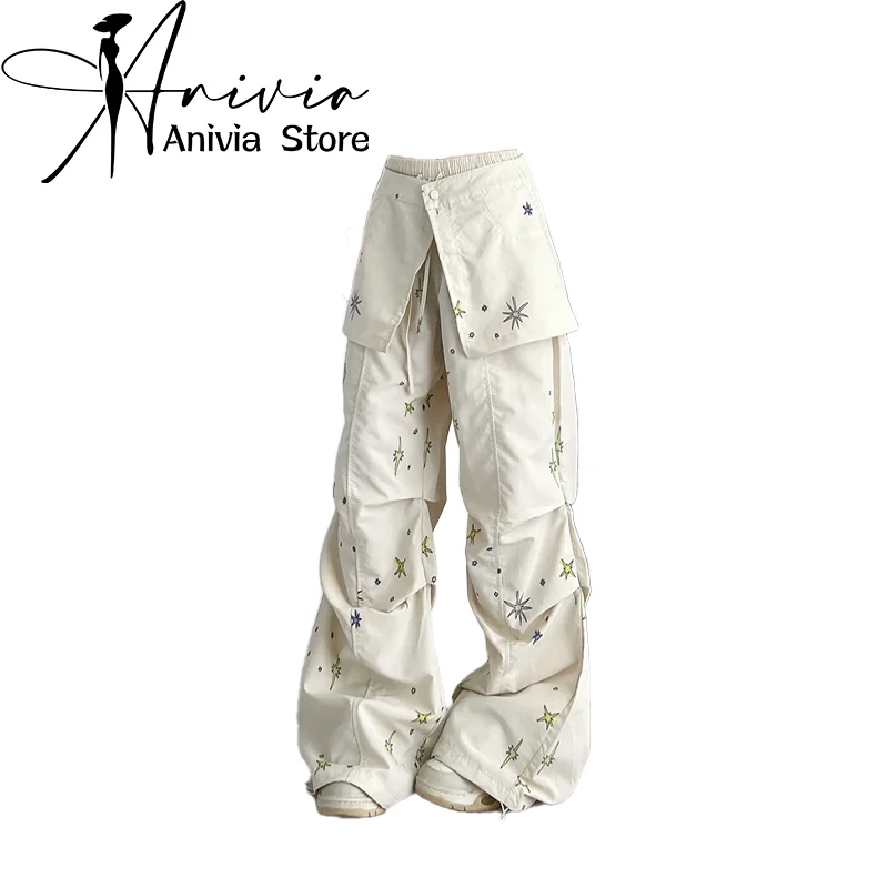 Women\'s Print Pants Vintage Y2k Harajuku Aesthetic Streetwear Pants High Waist Parachute Trousers Japanese 2000s Style Clothes