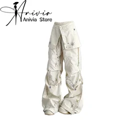 Women's Print Pants Vintage Y2k Harajuku Aesthetic Streetwear Pants High Waist Parachute Trousers Japanese 2000s Style Clothes