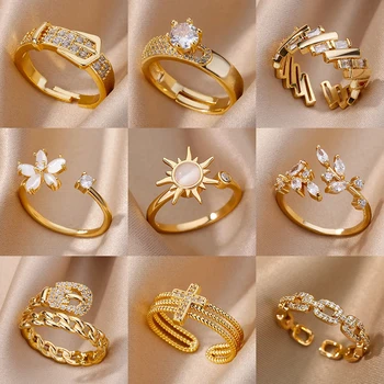 Luxury Zircon Geometric Rings For Women Stainless Steel Gold Color Open Ring Trendy…