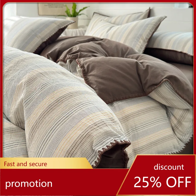 

ZML four-piece simple striped bedding set, all-cotton three-piece bed sheet set