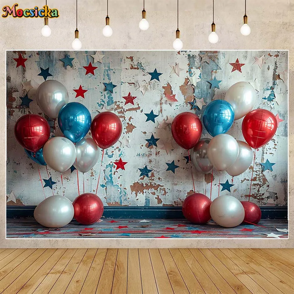 Mocsicka fotografia sfondo blu rosso argento palloncini stella Retro parete bambini ritratto sfondo torta Smash Decor Photocall puntelli