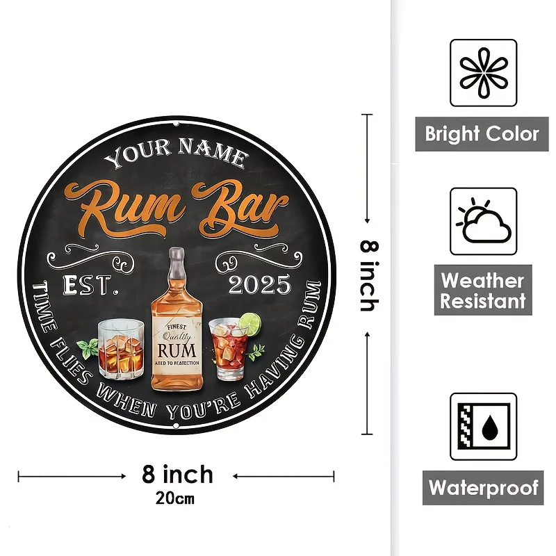 Custom Rum Bar Round Metal Sign, Personalized Name & Year, 8