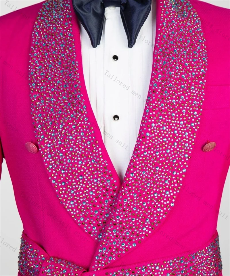 Conjunto de terno masculino com cristais rosa, 2 peças, blazer com cinto + calça, jaqueta formal de escritório, casaco de algodão, calças, noivo, casamento, smoking