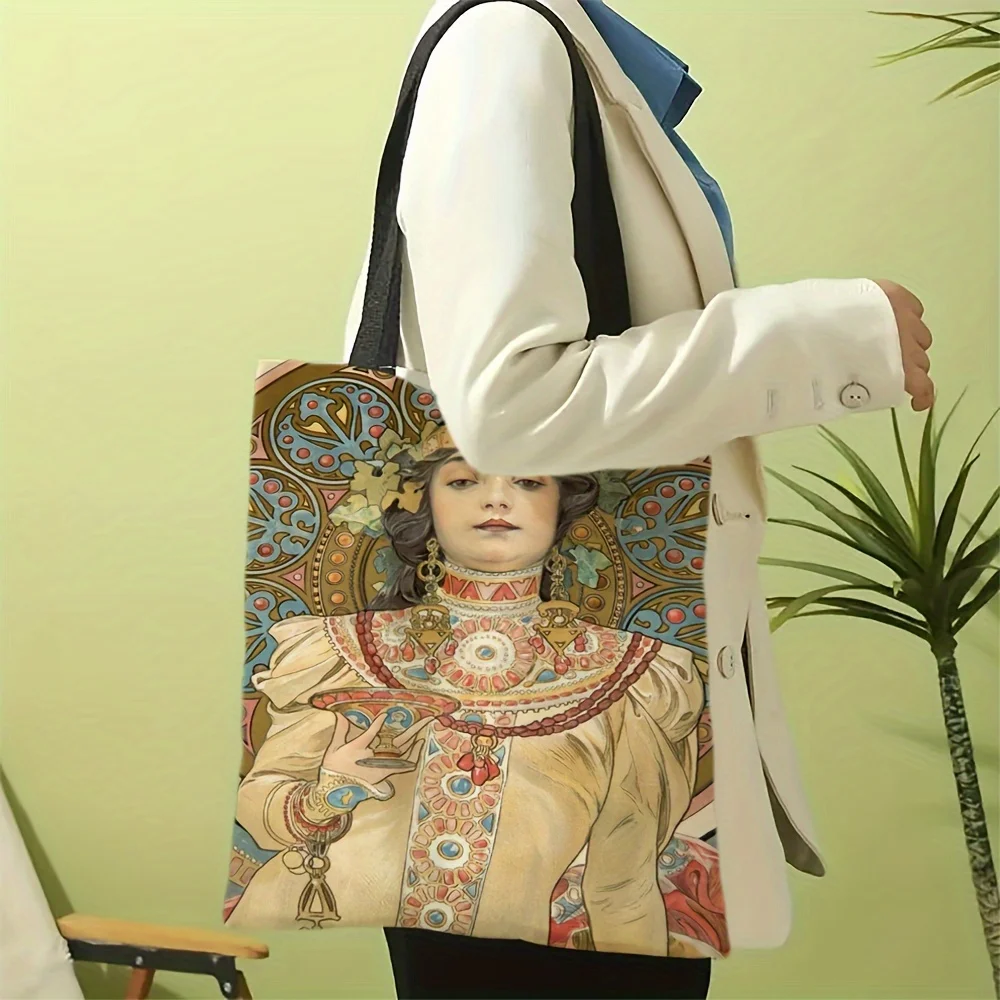 Alphonse Mucha Retro Art Illustration Handbag Shoulder Bag, Versatile Fashion Bag, Daily Casual Shopping Bag