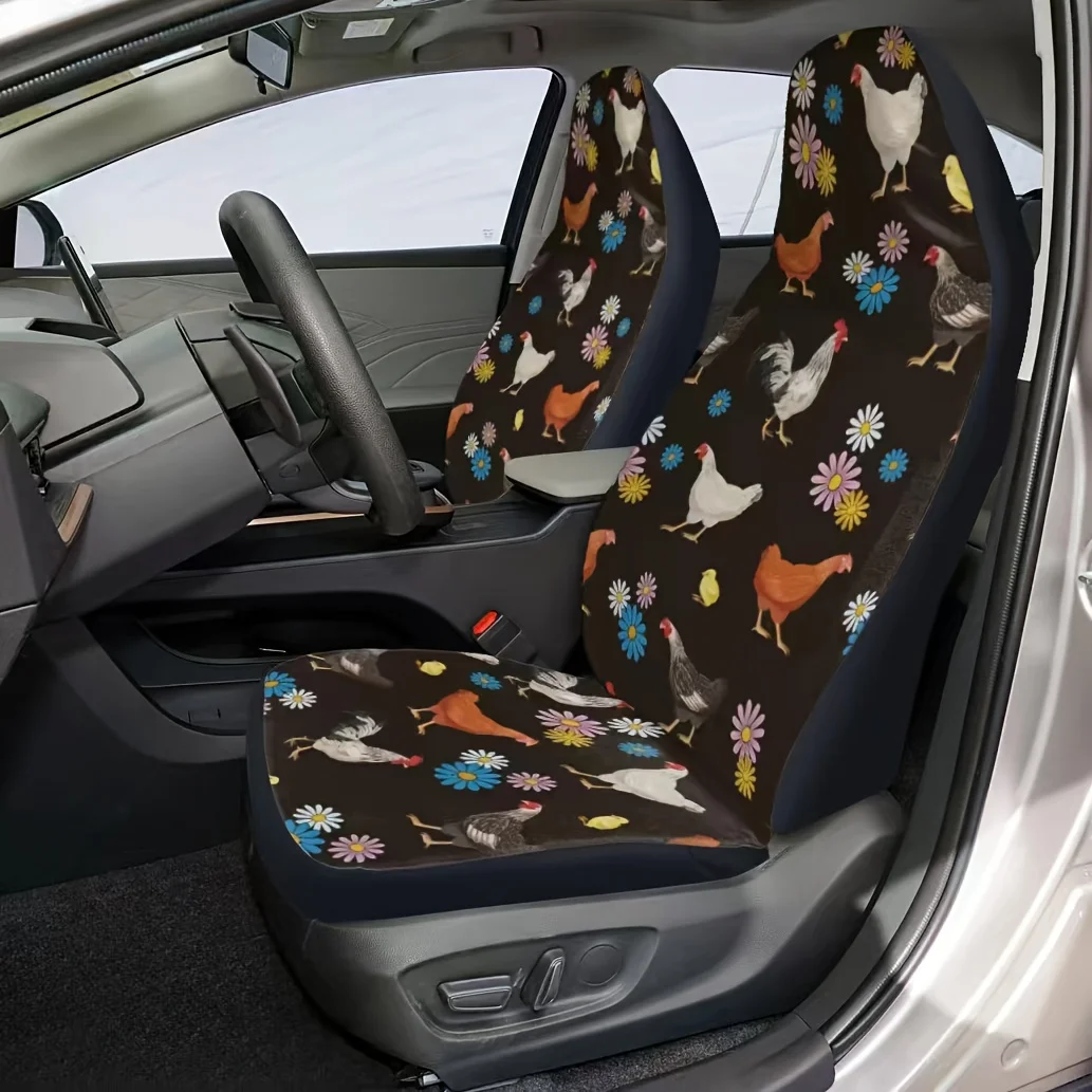 2pcs Chicken And Floral Printed Car Seat Cover, High Back Design, Four Seasons Polyester Fabric, Easy Care, Universal Model, No