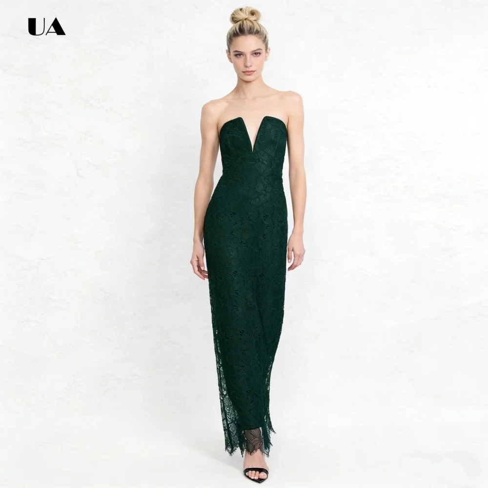 ULBYANRY Sleeveless Column Prom Dress, Solid Lace Evening Dress with Back Slit, Simple V-neck Customized Party Gowns for Women