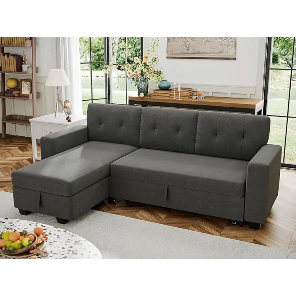 Sofa Bed Reversible Convertible Sleeper Pull Out Couches with Storage Chaise, Linen Fabric Furniture for Living Room, Bedroom