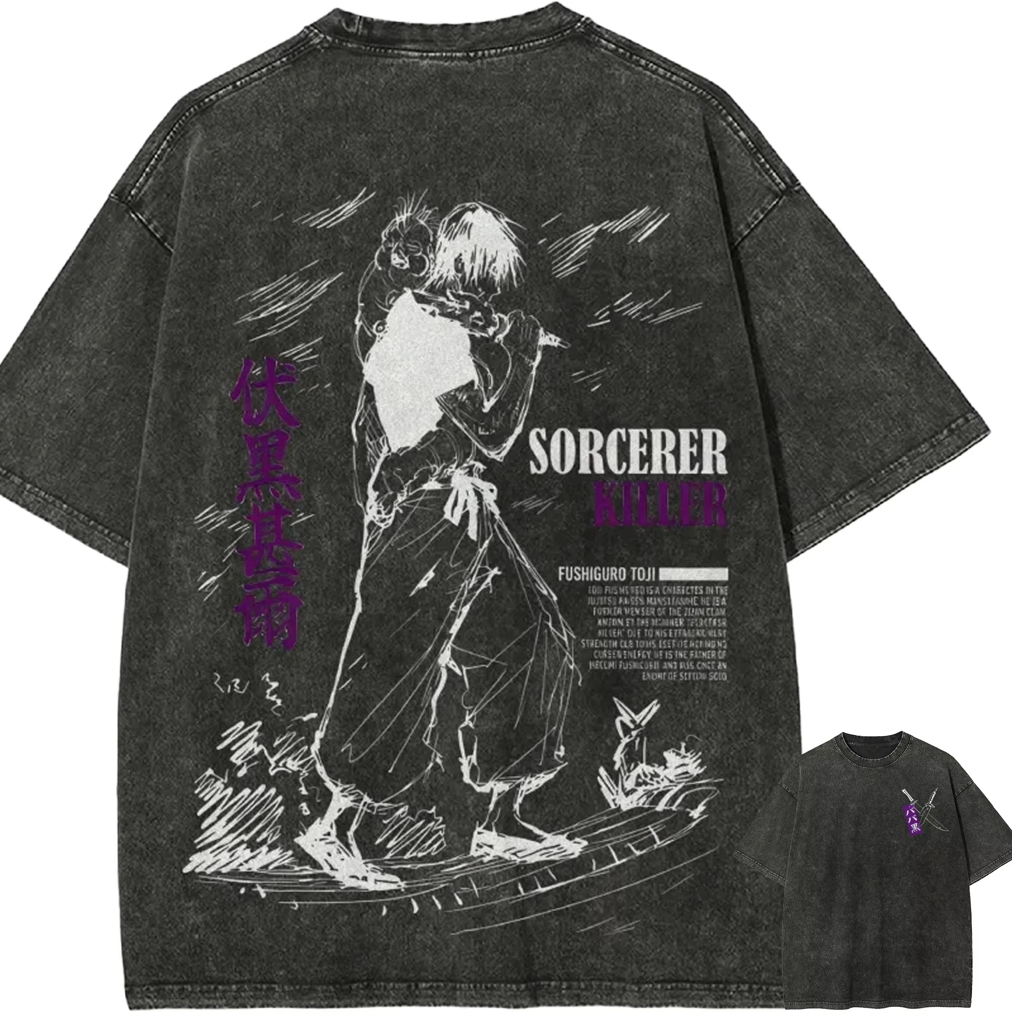 

Ретро-футболка с эффектом потертости Jujutsu Kaisen с графическим принтом Фушигуро Мегуми, летняя, с коротким рукавом, для мужчин и женщин