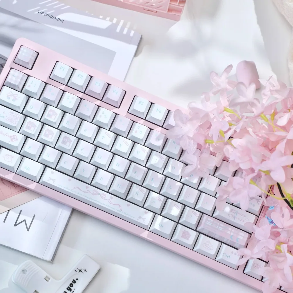 

130 Keys Cherry Height Heat-Sublimation Creamy Pink Cute Girls Keycaps Cross Fit Mechanical Keyboards