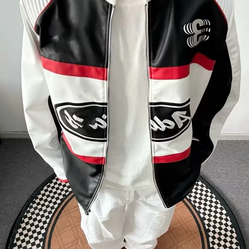 

American Sle RAC PLTR JKT M Лоскутное цветное кожаное пальто с вышивкой букв для гонок на мотоциклах Бейсбольное пальто-джато