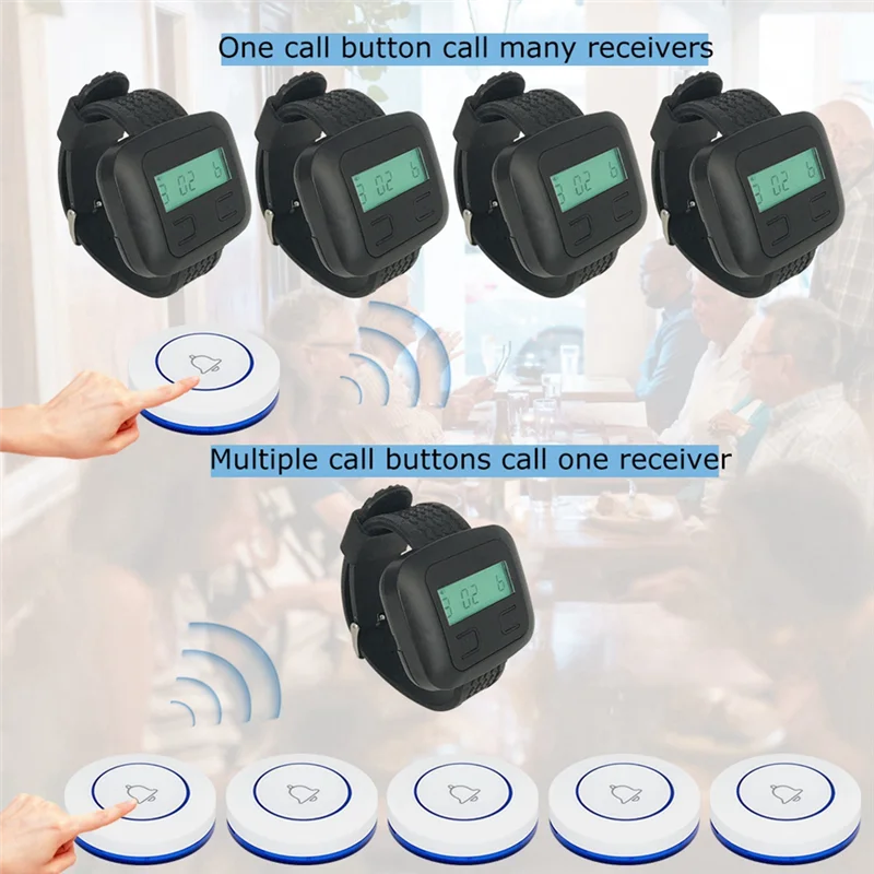 A60Z Top Wireless Restaurant Calling System 5Table Call Button Transmitters 1Watch Pager, Restaurant Waiter Service Bell Buzzer