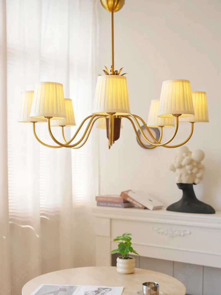 Middle aged solid wood living room chandelier, French medieval style study room, bedroom, dining room, fabric lamp