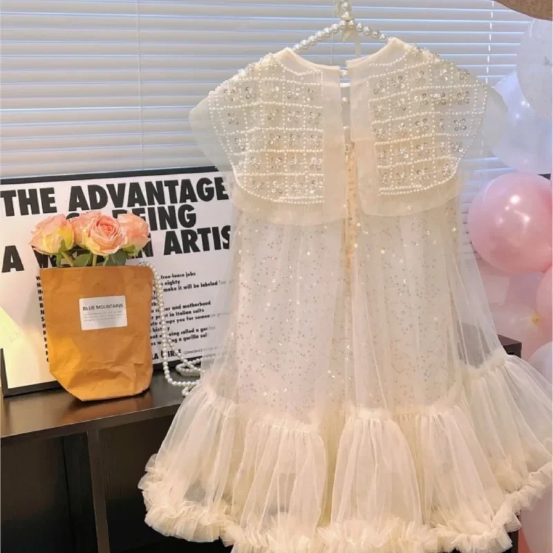 Baby Girl Princess Pearl Sequins Tutu Dress Infant Toddler Fashion Vestido Pageant Party Pageant Birthday Ball Gown 1-12Y